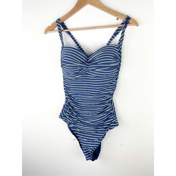 Niptuck Swim Riviera Stripe Denim Joanne Twist Front Design One Piece Swimsuit S - Picture 2 of 13